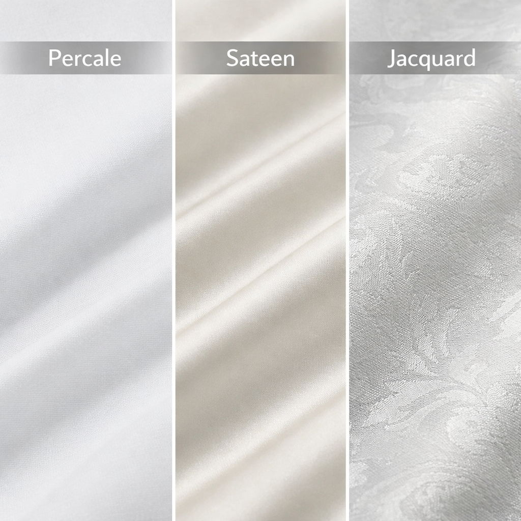 Side-by-side κολάζ Percale vs Sateen vs Jacquard