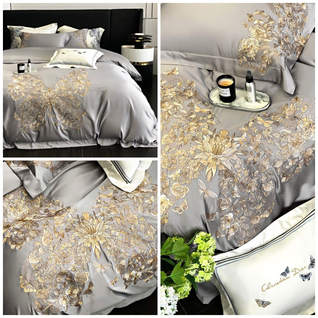 Δώρο Γάμου. Νυφικό κρεβάτι. Πολυτελές σετ Κλινοσκεπασμάτων με χρυσή κέντηση πεταλούδας απο 100% βαμβάκι Αυστραλίας μακριάς ίνας γκρι χρώμα (4)