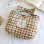 Βαμβακερή Τσάντα Χειρός με Φιόγκο & Κεντημένο Αρκουδάκι - καρό καφέ λαδί