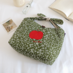 Βαμβακερή Τσάντα Χειρός με Φιόγκο & Κεντημένο Μήλο – Φλοράλ Πράσινο