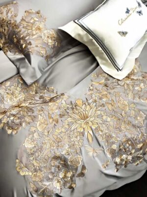 Πολυτελές σετ Κλινοσκεπασμάτων μ χρυσή ε κέντηση πεταλούδας απο 100% βαμβάκι Αυστραλίας μακριάς ίνας γκρι χρώμα (4)
