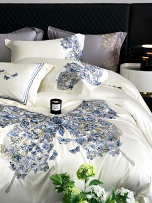 Πολυτελές σετ Κλινοσκεπασμάτων με κέντηση πεταλούδας απο 100% βαμβάκι Αυστραλίας μακριάς ίνας λευκό χρώμα (5)